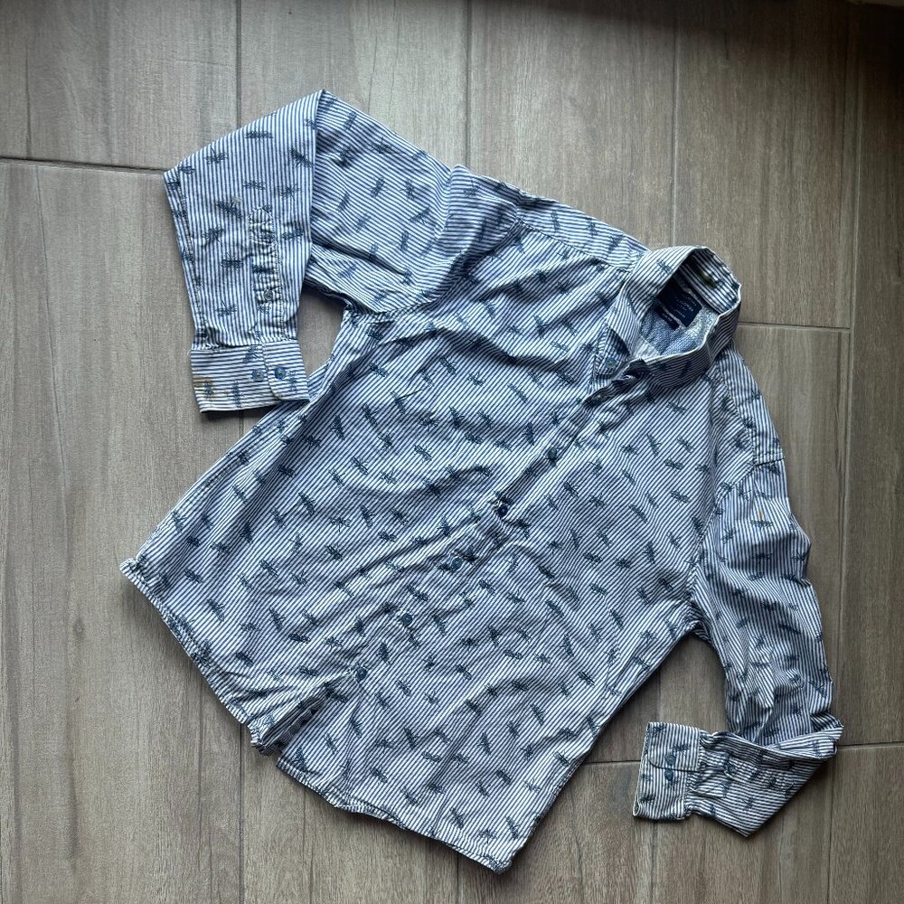Denim & Flower White & Blue Striped Men's Button-Up Shirt with Dragonfly Print